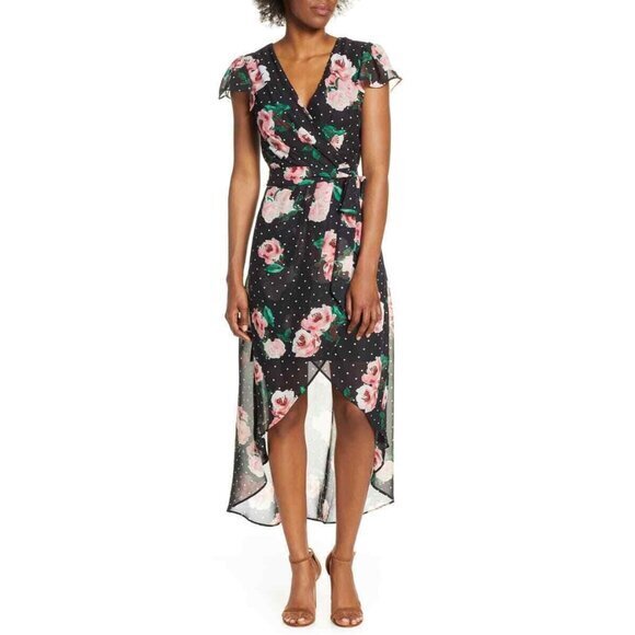 julia jordan Dresses & Skirts - Julia Jordan Faux Wrap Dress Black Dots Pink Floral High Low Chiffon SZ 6 NWT